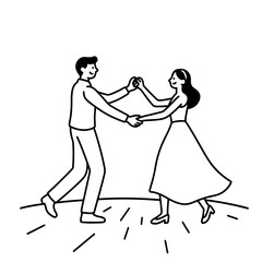 Happy Couple Dancing, Black and White Line Art Illustration