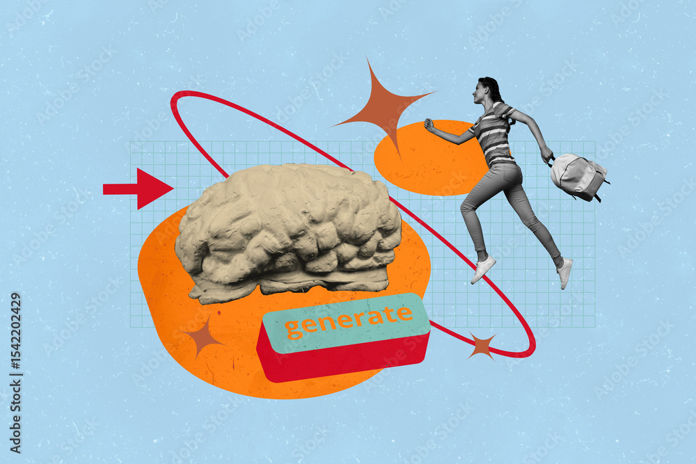 Poster art image full 3d pop photo collage of happy girl guy run brain organ artificial intelligence app so