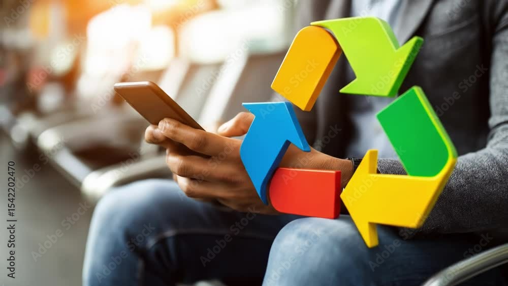 Poster a recycle symbol placed over a person working on a mobile phone, represents the concept of reducing,