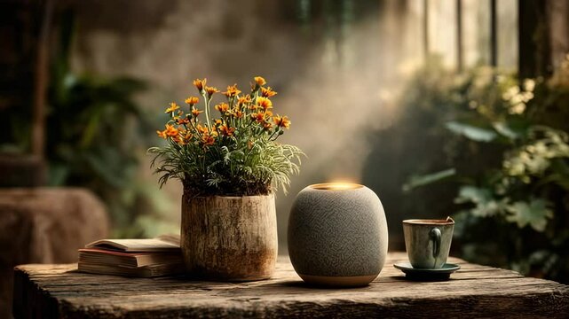 A serene indoor scene featuring a planter, diffuser, and a cup of coffee.