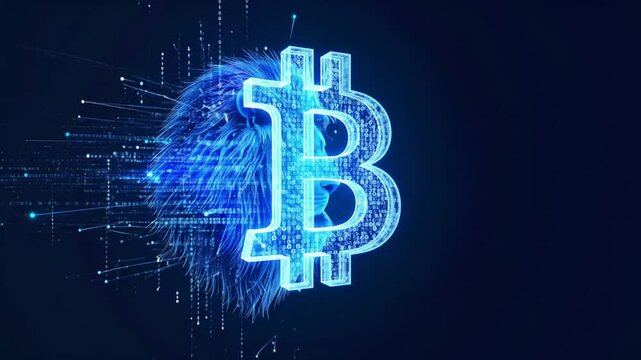 Digital lion head, stylized with glowing binary code