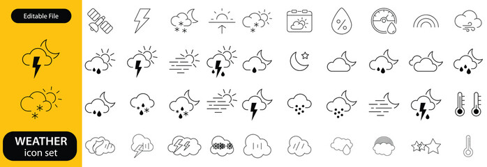 Weather set of web icons in line style. Forecast weather icons for web and mobile app. Forecast, clouds, sunny day, wind, snowflakes, sun, rain, thunder storm, dew, wind, moon. Vector illustration