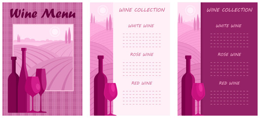 Wine menu cover and pages, wine list. Bottles and glasses of wine against the background of vineyards. Assortment of wines in a cafe, restaurant, store. Vector illustration in burgundy color.