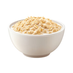 Creamy bowl of oatmeal topped with raw oats on a white background for healthy breakfast or snack ideas Transparent background or png