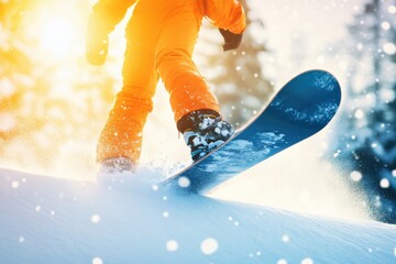 Snowboarder in Orange Suit Riding Down Snowy Slope in Winter Sunlight