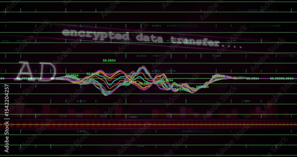 Poster upon terminal startup multicolored waveform fluctuating, pulsing showcasing encrypted data transfer
