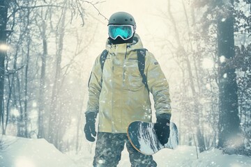 Snowboarder in Winter Landscape with Snow Falling and Trees