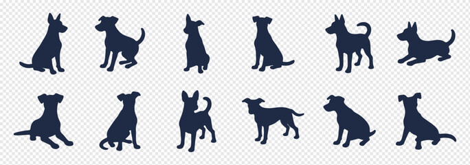 Dog silhouettes vector illustration featuring various breeds, including small and large dogs in different poses. Perfect for graphic design, pet branding, and creative projects.