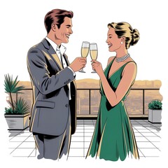 Chic couple cartoon illustration, wearing classy outfits, toasting champagne glasses on a rooftop, elegant and fashionable vibe, luxury lifestyle, vector contour drawing, isolated on white background