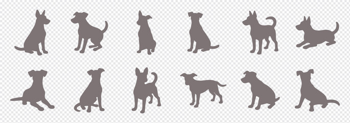 Dog silhouettes vector illustration featuring various breeds, including small and large dogs in different poses. Perfect for graphic design, pet branding, and creative projects.