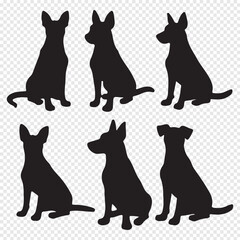 Dog silhouettes vector illustration featuring various breeds, including small and large dogs in different poses. Perfect for graphic design, pet branding, and creative projects.