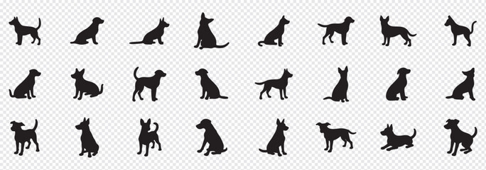 Dog silhouettes vector illustration featuring various breeds, including small and large dogs in different poses. Perfect for graphic design, pet branding, and creative projects.