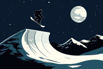 Snowboarder Jumping Above a Half-Pipe Under the Moonlight Sky
