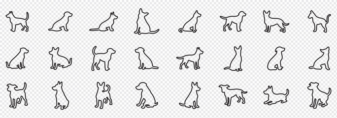 Dog outline icons. Set of silhouettes of dogs. Dog outline icons. Dogs from pets collection in linear style, vector illustration. Silhouettes of dogs isolated on white background.