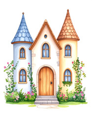 Fototapeta premium Twin Tower Fantasy Cottage – Fairytale Blue and Brown Roof Home