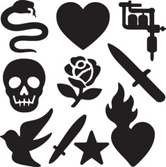 Tattoo Icon Set – Skull, Heart Flame, Dagger, Rose, Tattoo Machine, Butterfly, Diamond – Minimalist Black Silhouettes for Edgy Ink Designs and Subculture-Inspired Graphics