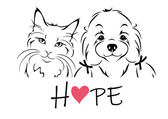 Outlined portrait of cat and Maltese Bichon. Hope
