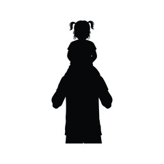 Silhouette of a father carrying his daughter on his shoulders happy family black and white vector illustration