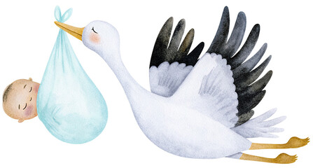 Watercolor stork carrying newborn baby boy on transparent background.