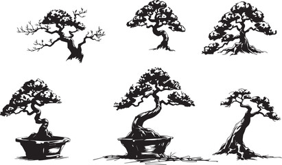 Decorative Bonsai Set. Hand drawn vector illustration
