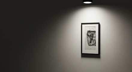 modern art frame hanging on a wall with isolated spotlight above it, casting a sharp light area on the artwork and wall texture