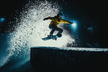 Snowboarder Mid-Air Performing Trick in Bright Night Setting