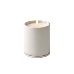 Elegant White Candle in Minimalist Ceramic Holder with Flame Glowing in an Inviting Ambient Setting Transparent background or png