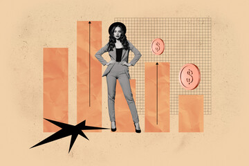 Pop 3d zine image full collage of happy businesswoman businessman stand dollar coin stack jackpot...