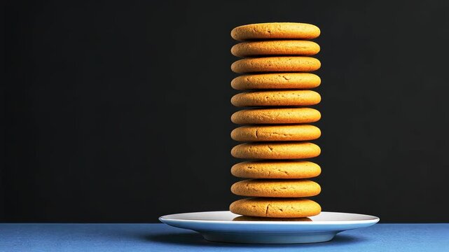 Towering stack of freshly baked cookies on a blue plate against a dark backdrop