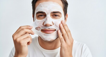 A man enjoys a skincare routine, removing a face mask for a healthy complexion.