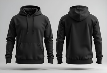 Front and Back View of a Blank Black Pullover Hoodie for Apparel Mockup on Grey Background