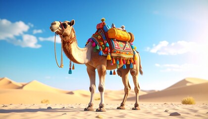 Fototapeta premium A Beautiful Camel portrait in a vibrant desert setting, featuring