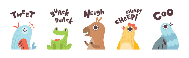 Cute Animals Making Noisy Sounds and Uttering Vector Set
