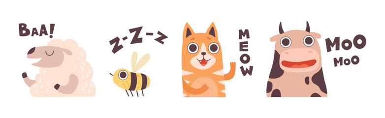 Cute Animals Making Noisy Sounds and Uttering Vector Set