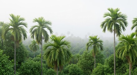 Lush Green Palm Trees Under Foggy Sky