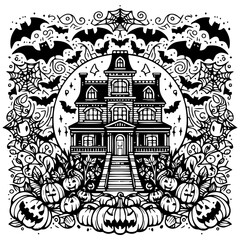 Haunted mansion illustration, surrounded by bats, pumpkins, and spooky details.