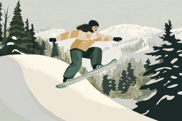 Snowboarder Performing Tricks on a Snowy Slope in Winter Landscape