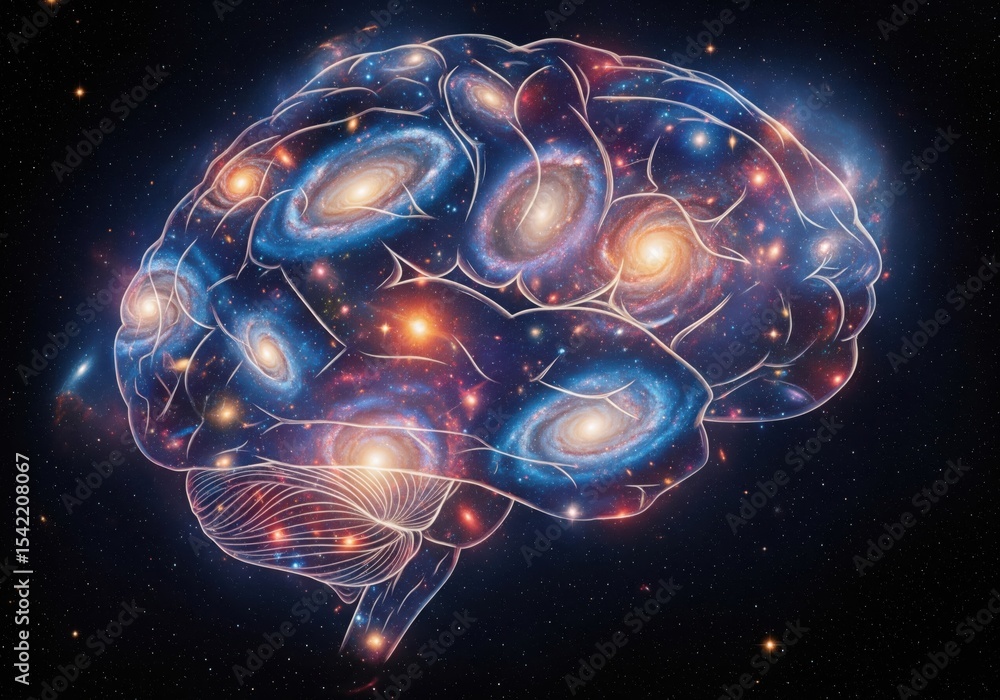 Poster cosmic mind universal brain. observe the boundless human intellect intertwined with stellar phenomen