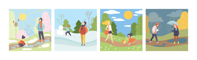 People Walk Outdoor in Different Season Vector Set