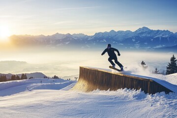 Snowboarder Performing Tricks on Rail in Stunning Mountain Landscape