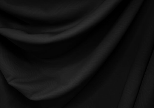 Hanging curtains. Premium black fabric. Silk satin. Luxury dark grey twisted cloth wth folds. Horizontal wide banner for web design, covers. Elegant soft shiny sleek bedding sheet. Chic glamour wavy 