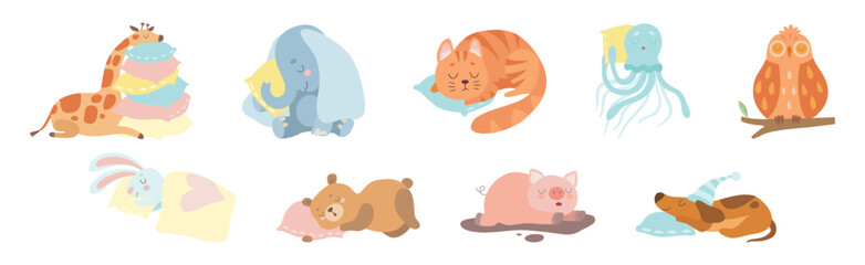 Cute Sleeping Animal Character on Soft Pillow Vector Set