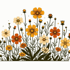 Graphic art of a flower bed with yellow orange  creamcolored blooms with dark green stems and leaves against a white backdrop