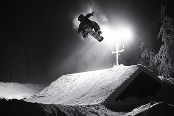 Snowboarder performs thrilling jump at night in winter landscape