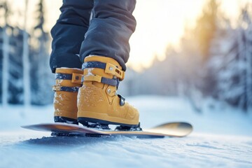 Snowboarder Preparing to Ride on Fresh Snow During Sunset
