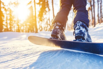 Snowboarder Preparing to Ride on Sunny Winter Mountain Trail