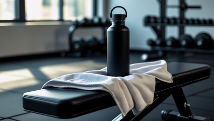 Black Gym Water Bottle with Workout Equipment in a Fitness Environment