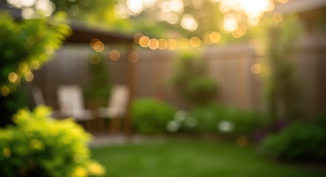 Blurred backyard scene at golden hour