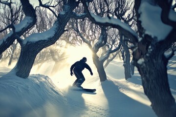 Snowboarder Riding Through Snowy Trees Under Bright Winter Sunlight