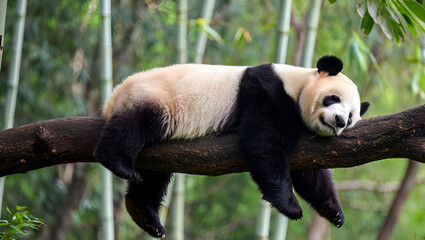 Obraz premium Giant Panda Napping Peacefully on a Bamboo Branch